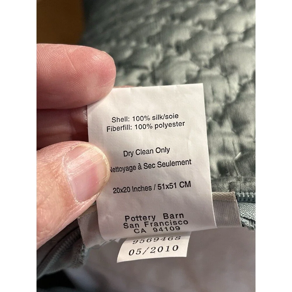 Pottery Barn 100% Silk Quilted Sage Green 20x20” Throw Pillow